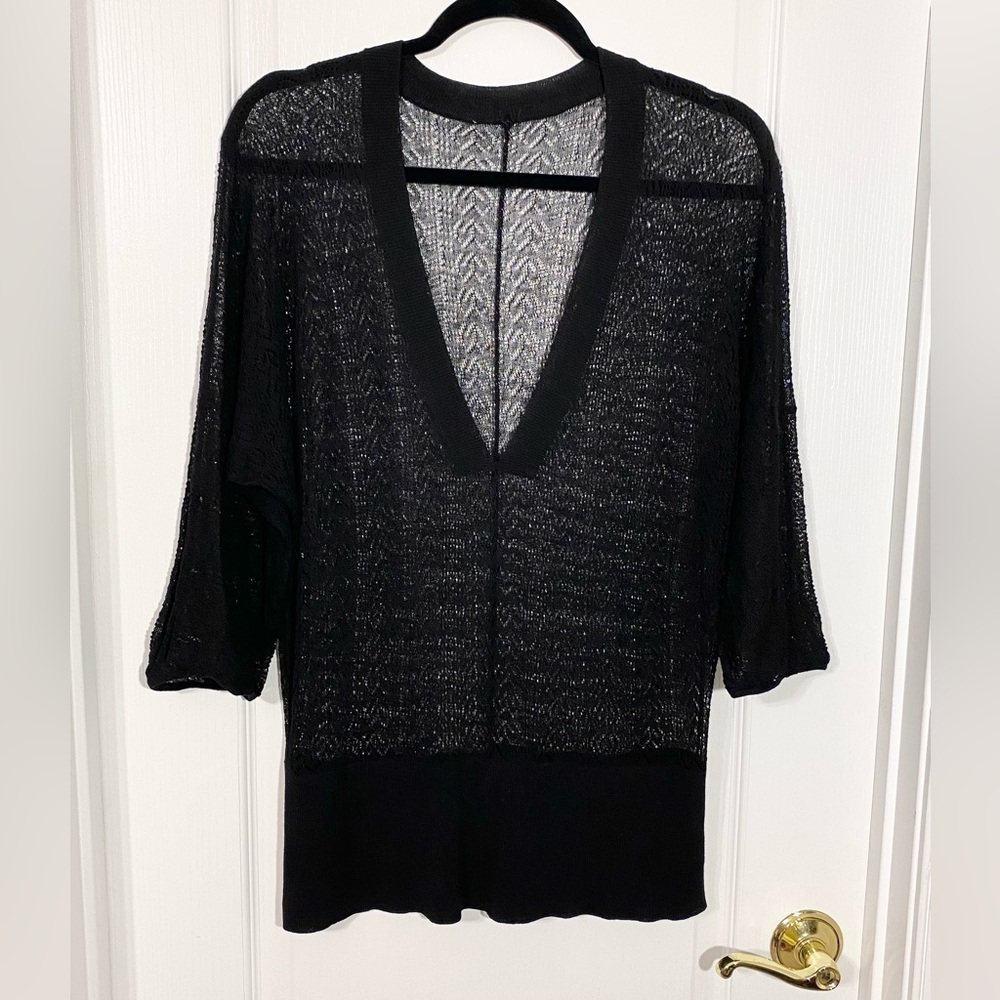 Y2K Delicate Sheer Open Knit Deep V Dolman Sleeve Tunic Sweater Black Sz Large